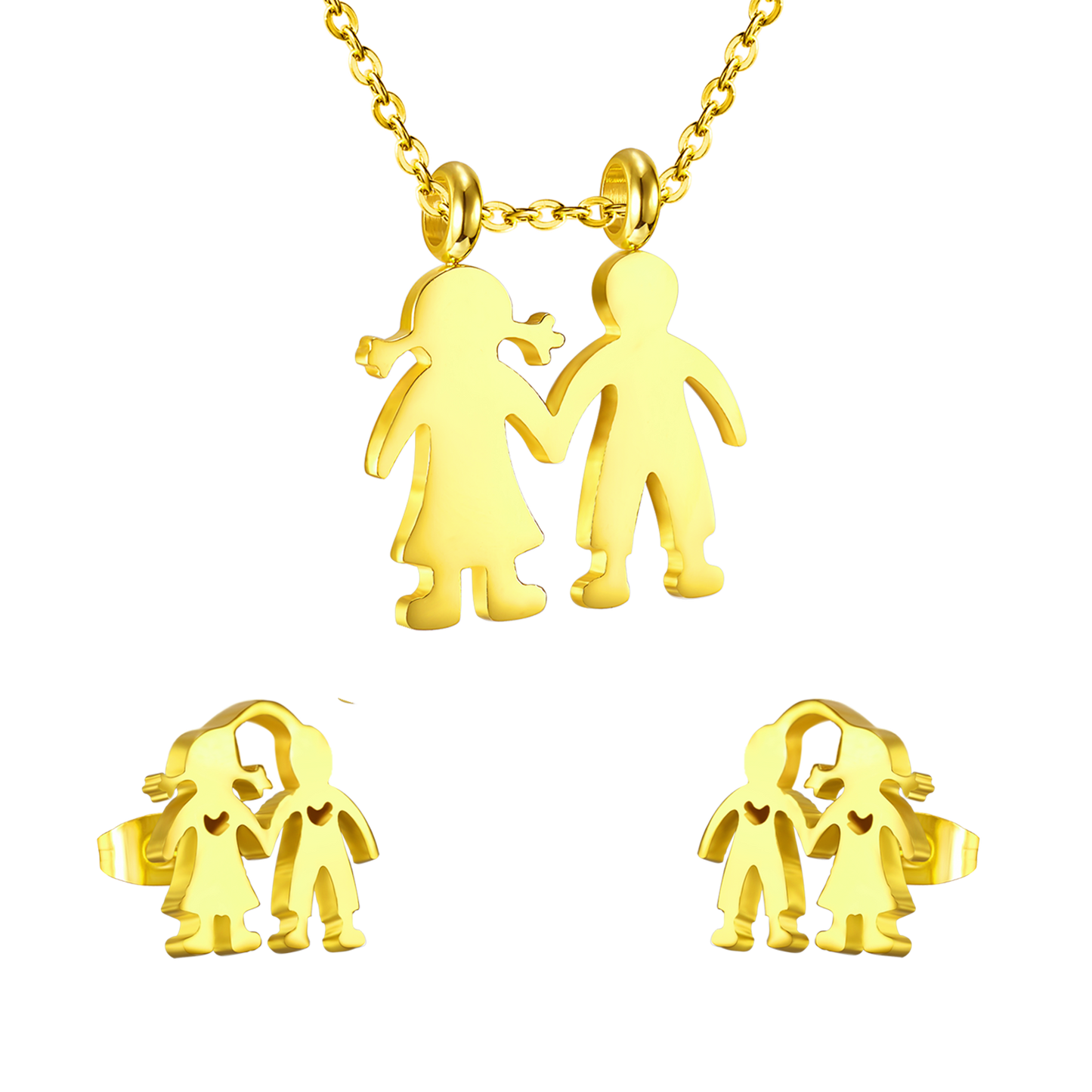 Gold cut boy and girl holding hands jewelry set without diamonds