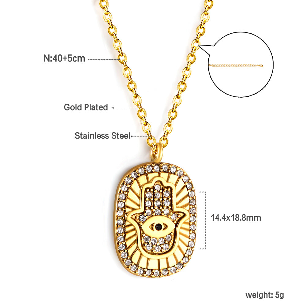 Hand pendant necklace with medal set zirconia