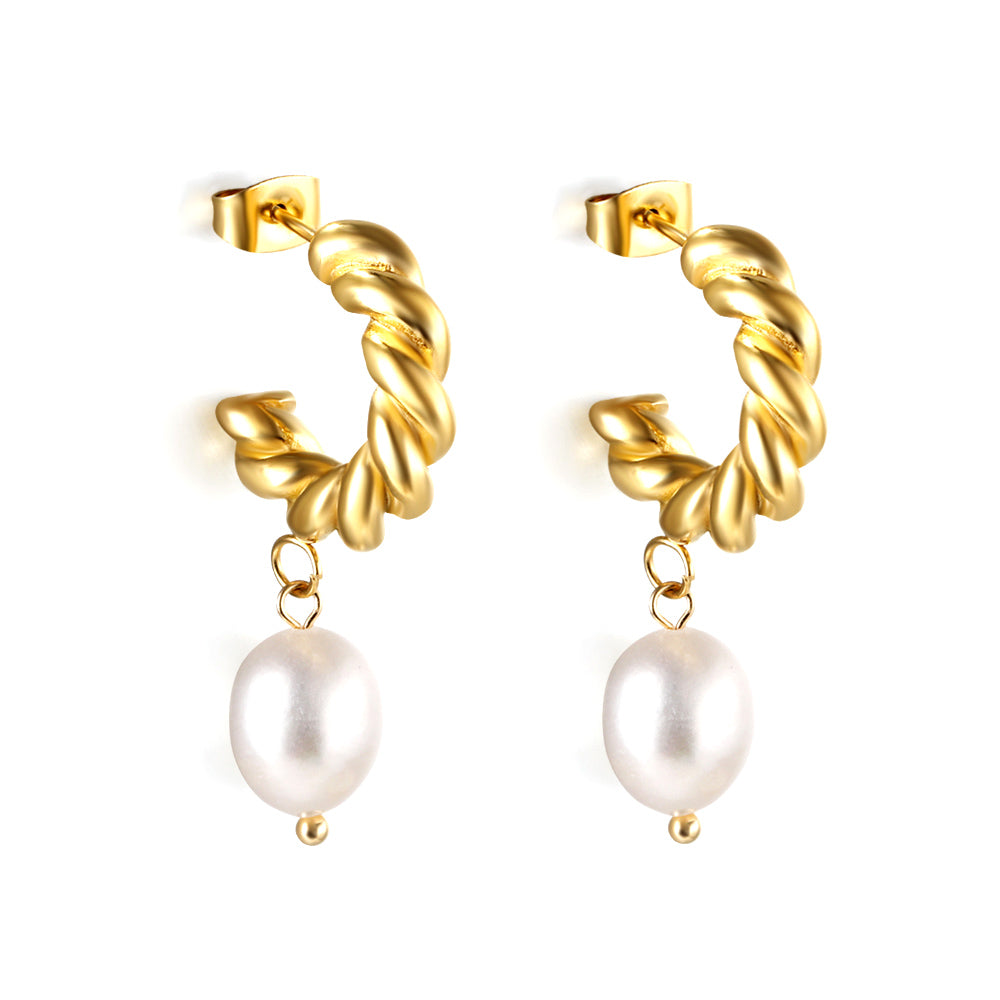 Half circle with white pearl earrings 18k gold