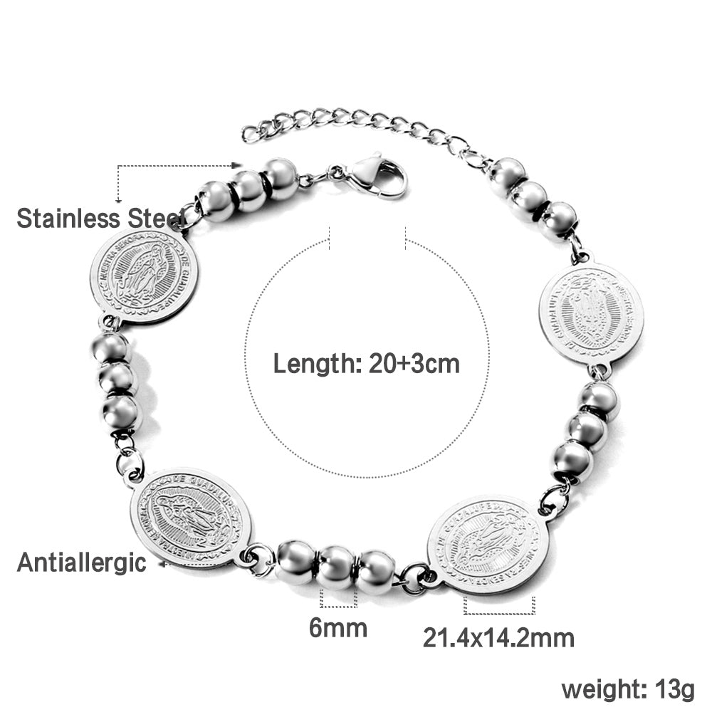 4 oval figures + 3 steel beads charm bracelet 20+3cm