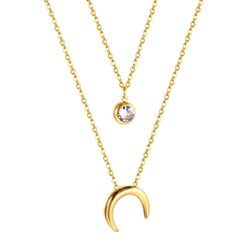 Moon + white diamond pendant double chain 48+5cm 18K gold