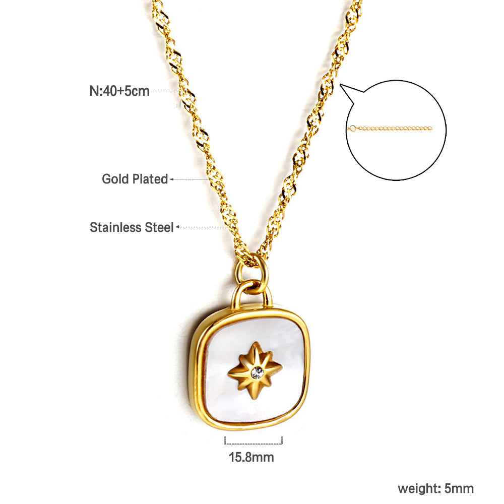Square with white shell with lucky star with diamond pendant necklace 40+5cm 18K gold