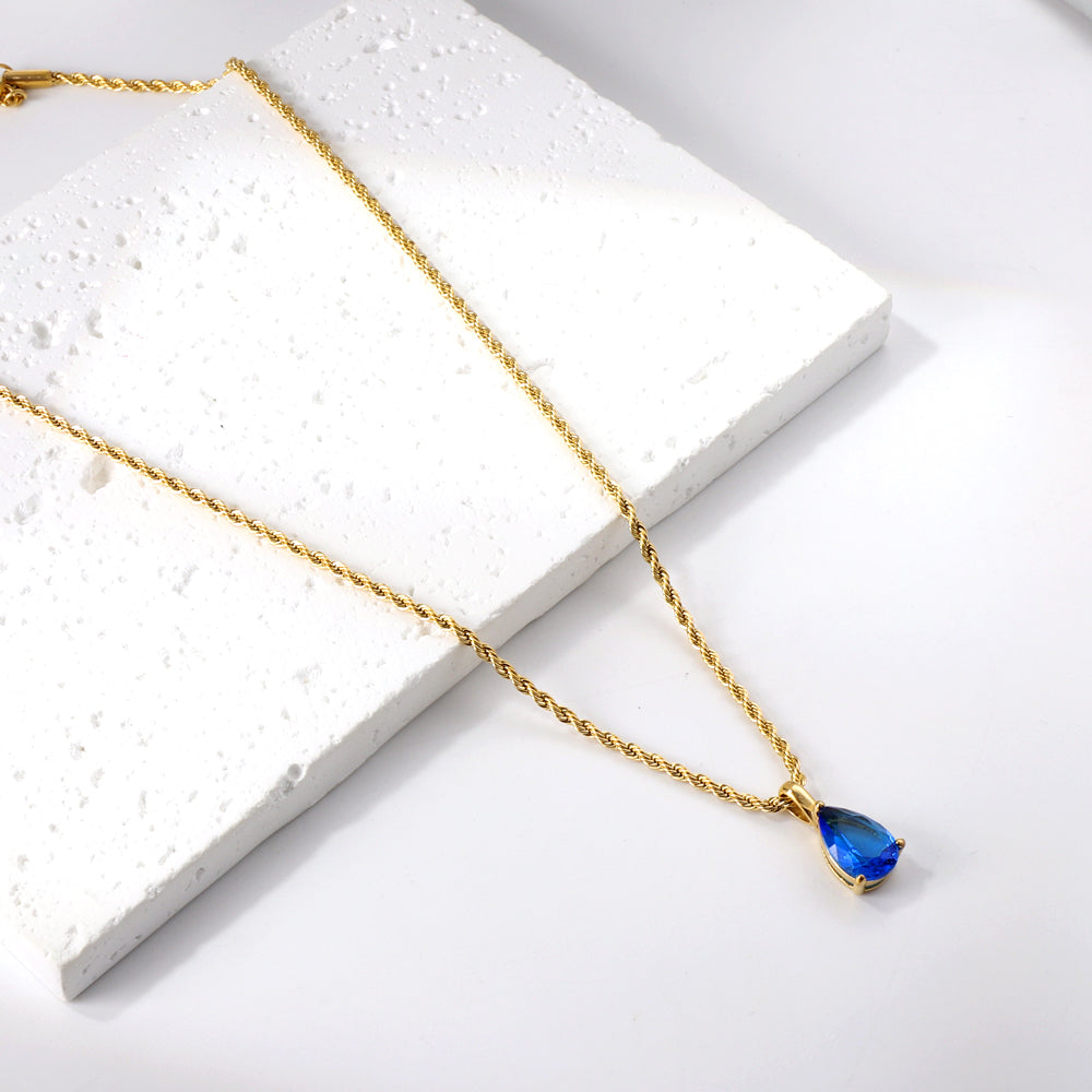 Pink & Blue & Aquamarine & Lake Blue & Yellow Teardrop Diamond Pendant Necklace 40+5cm