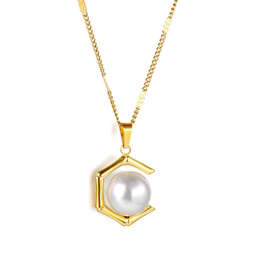Wholesale Pentagonal + white pearl pendant necklace 40+5cm