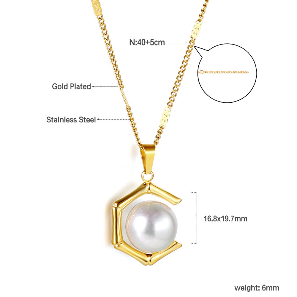 Wholesale Pentagonal + white pearl pendant necklace 40+5cm