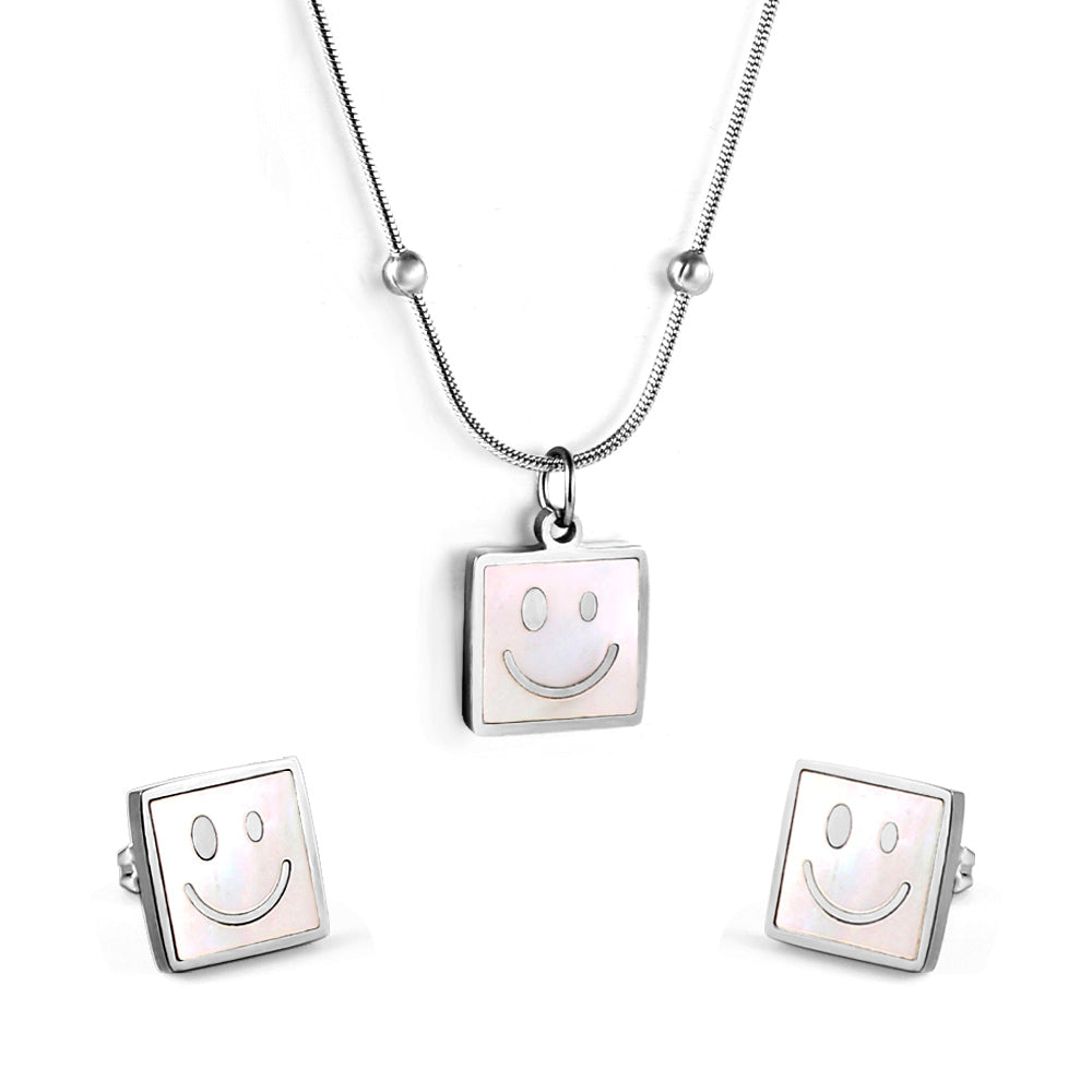 Square White Shell with Smiley Face Set Steel/Gold