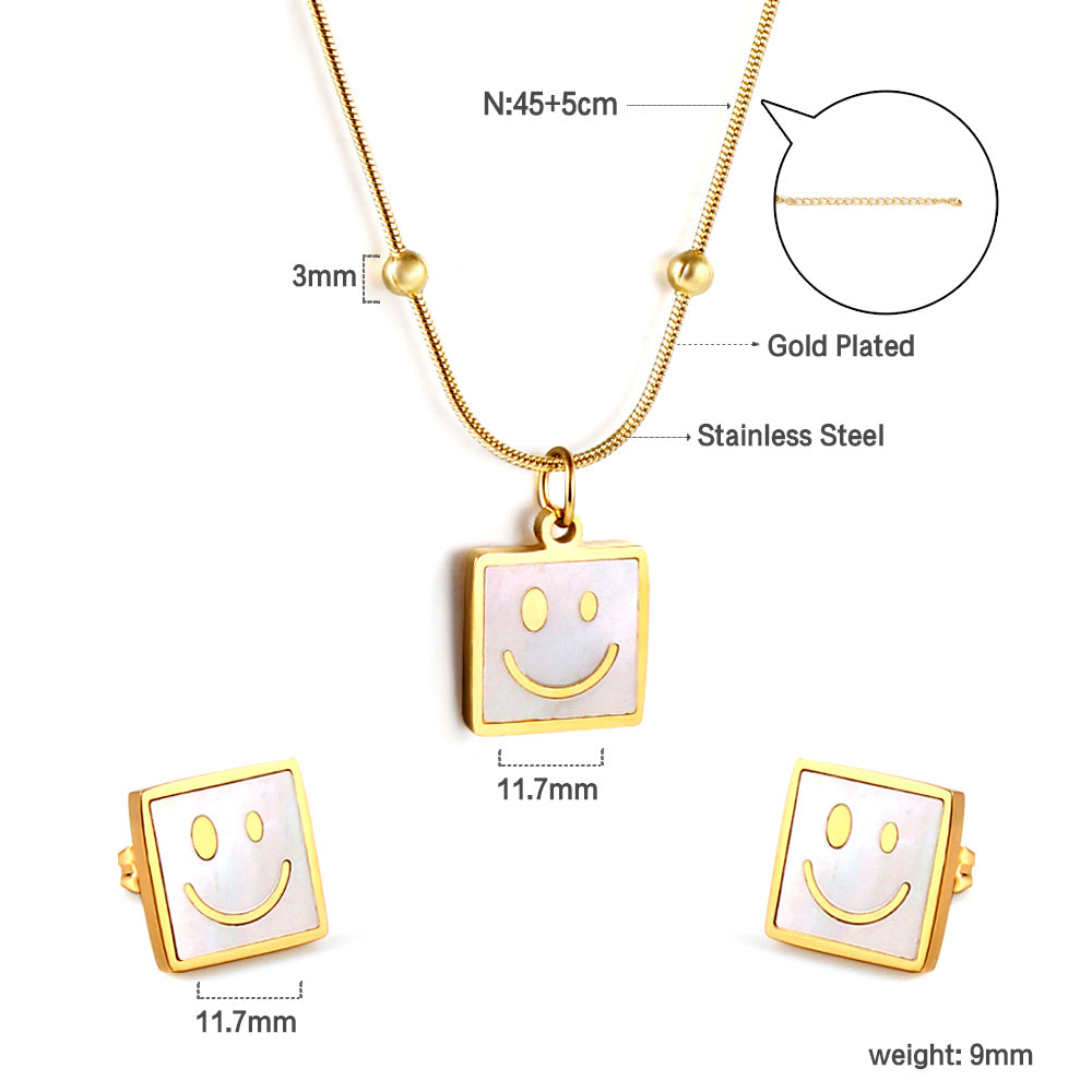 Square White Shell with Smiley Face Set Steel/Gold