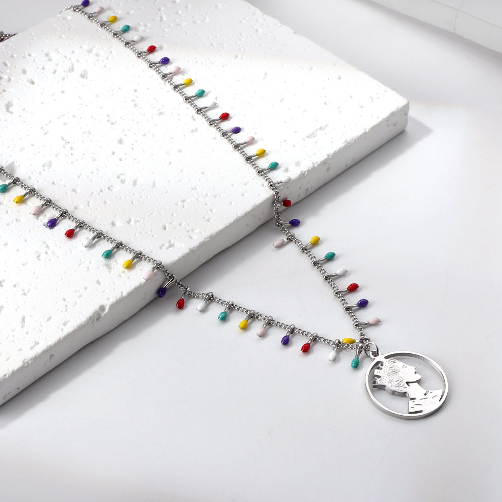 Mixed Color Teardrop Chain + Circle Woman Pendant Necklace 50+5cm