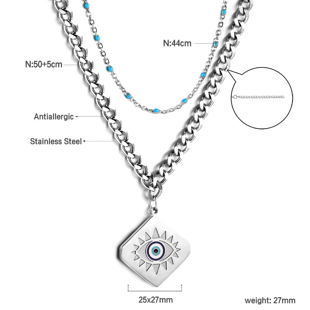 Square with Mixed Color Eye Pendant + Blue Bead Matching Chain Double Chain 50+44+5cm