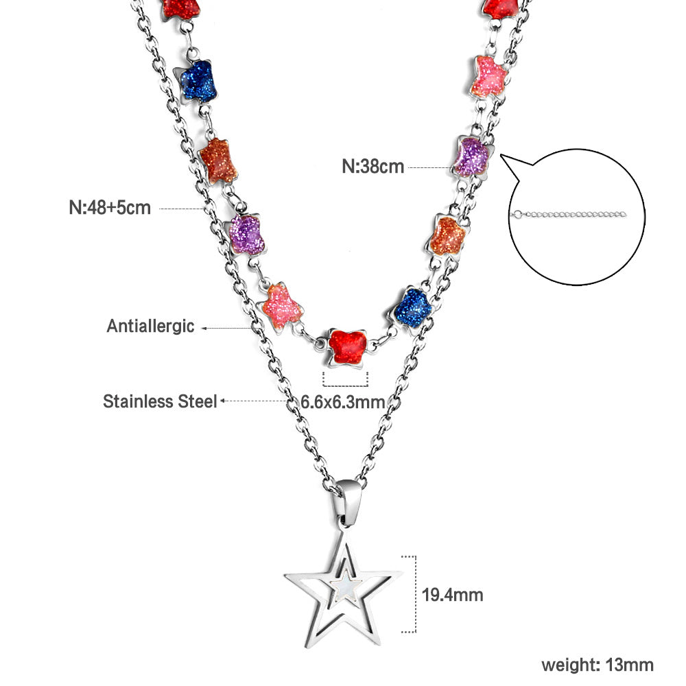 Star with White Oil Drops Star Pendant Black Bead Chain + Mixed Color Butterfly Shaped Double Chain 48+38+5cm