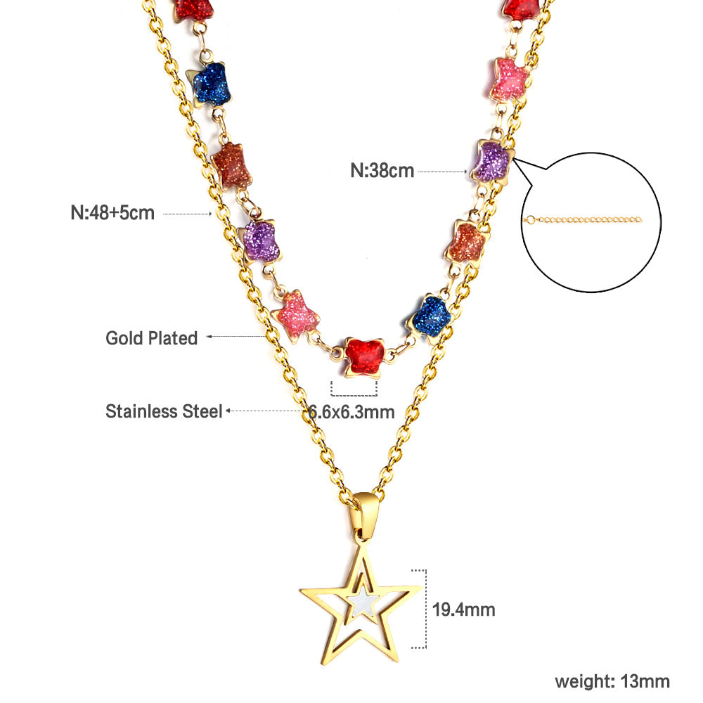 Star with White Oil Drops Star Pendant Black Bead Chain + Mixed Color Butterfly Shaped Double Chain 48+38+5cm