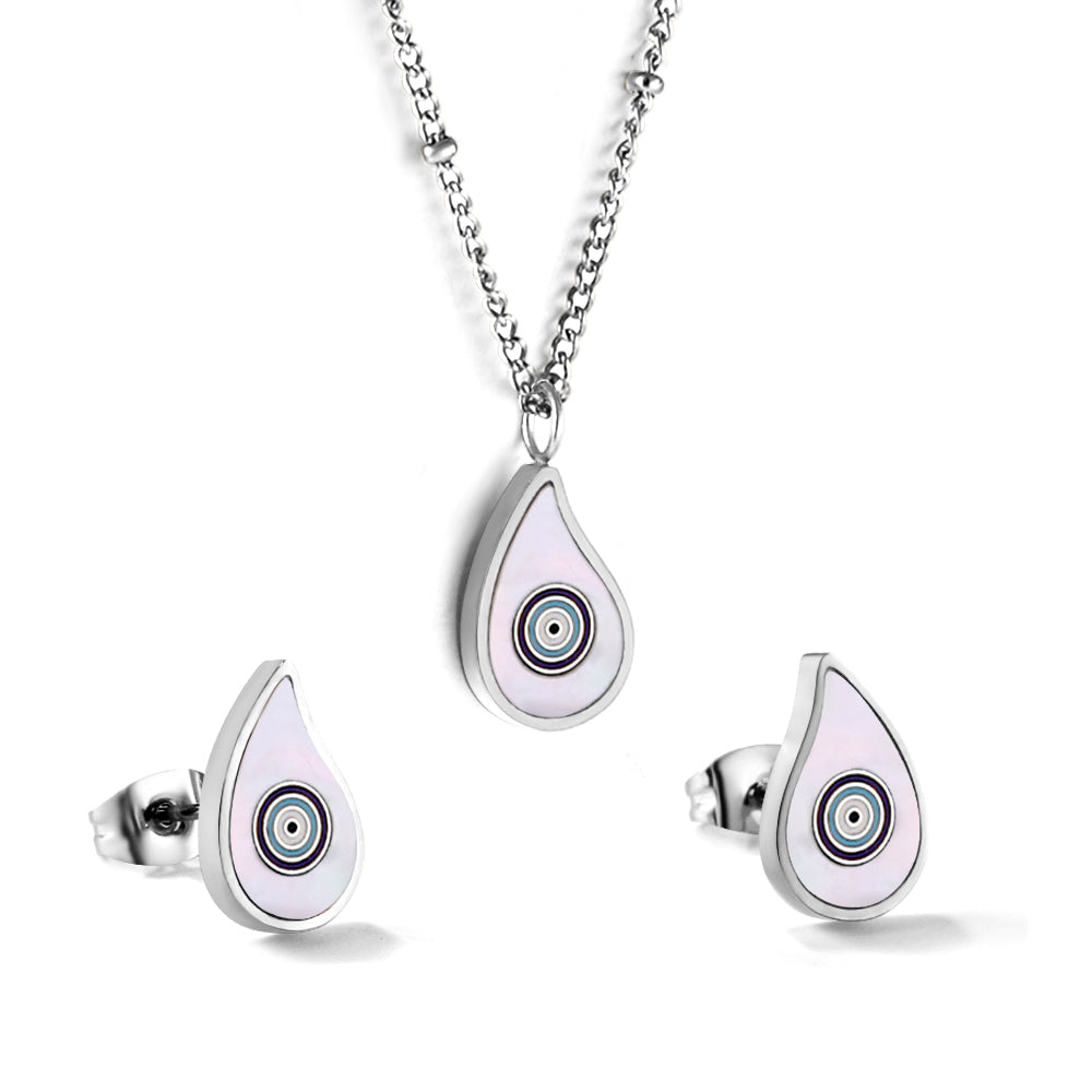 Teardrop White Shell Set with Mixed Color Eyes Steel / Gold