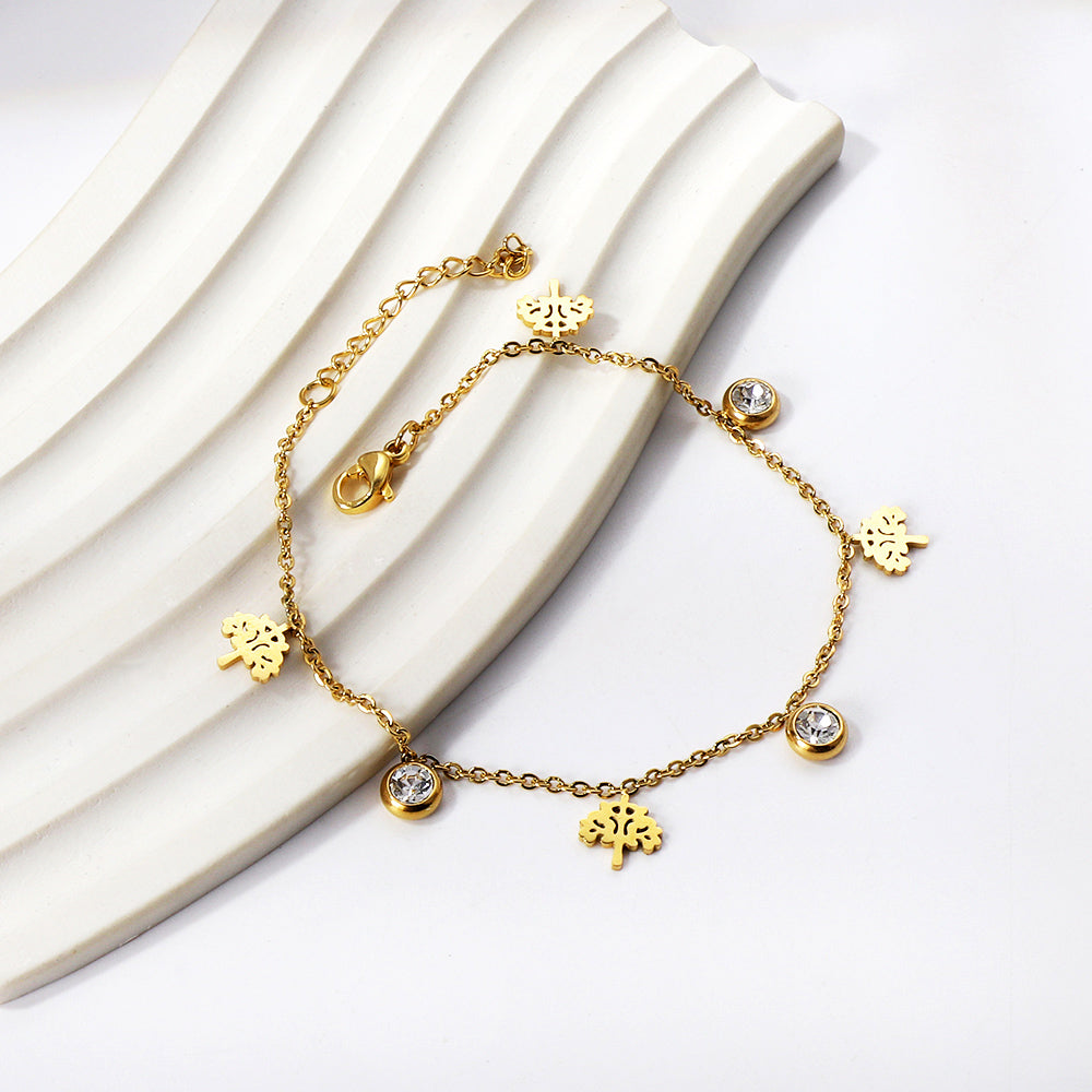 Spring 4 large trees + 3 round diamond accessories charm anklet 24+3cm