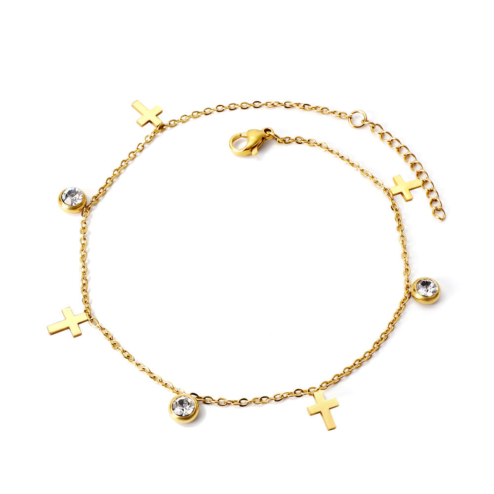 Spring 4 crosses + 3 round diamond accessories charm anklet 24+3cm