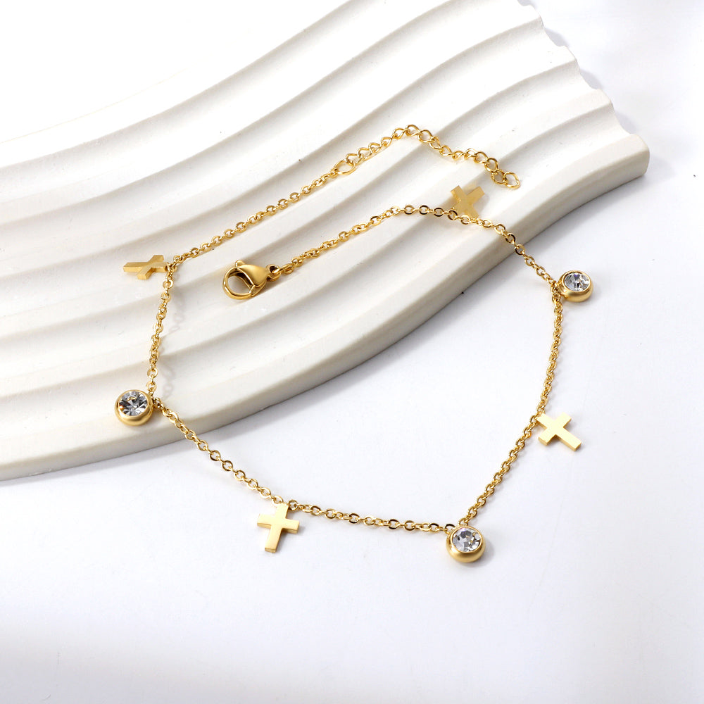 Spring 4 crosses + 3 round diamond accessories charm anklet 24+3cm