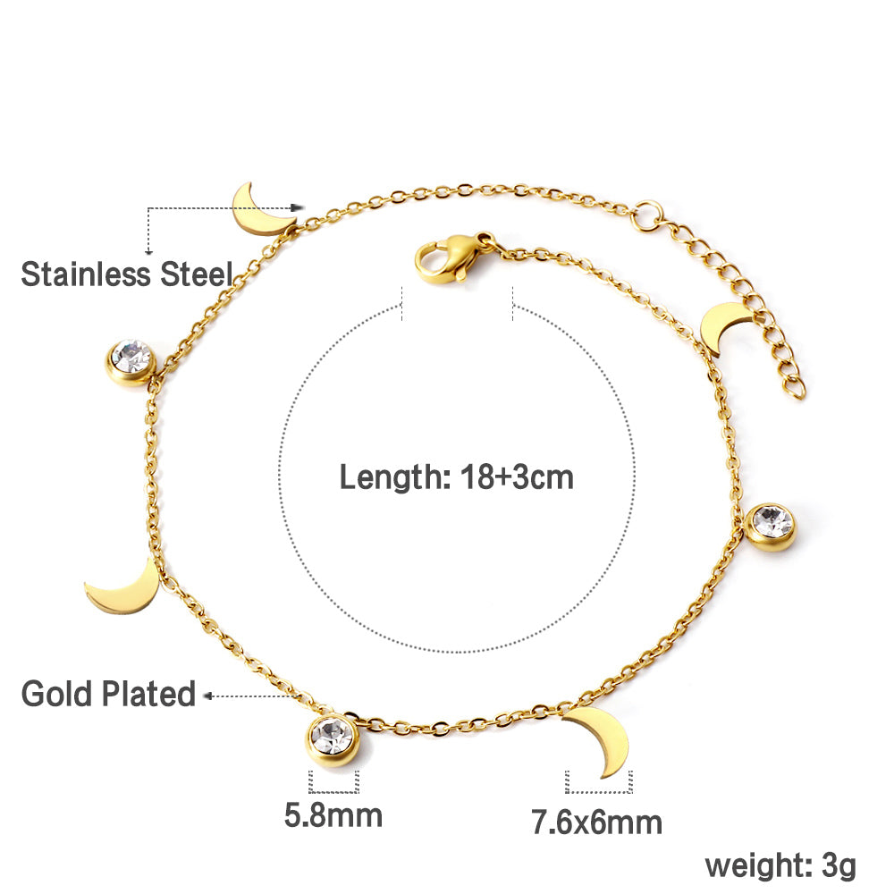 4 Moon + 3 Round Diamonds Accessories Charms Bracelet 18+3cm Golden