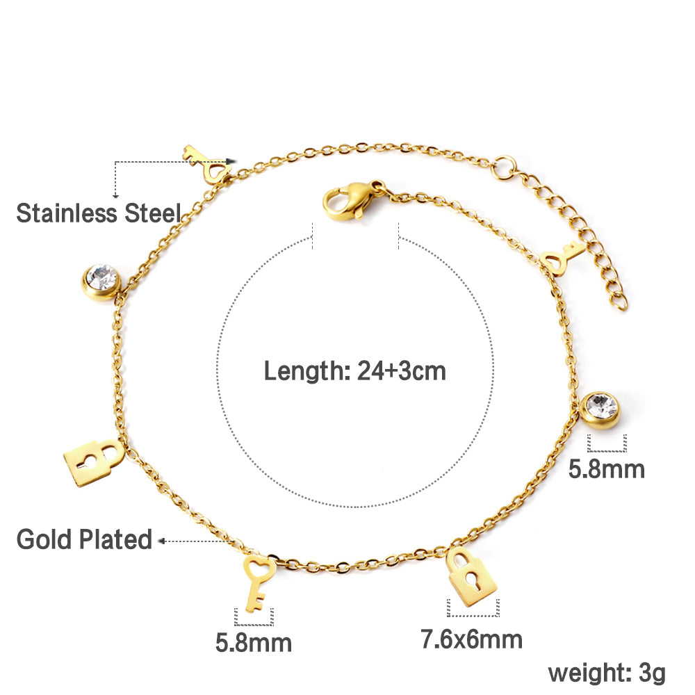 Spring 3 keys + 2 lock shapes + 2 round diamond accessories charm anklet 24+3cm