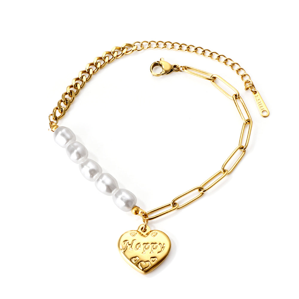 HAPPY heart accessory bracelet with white pearls 17+5cm gold color