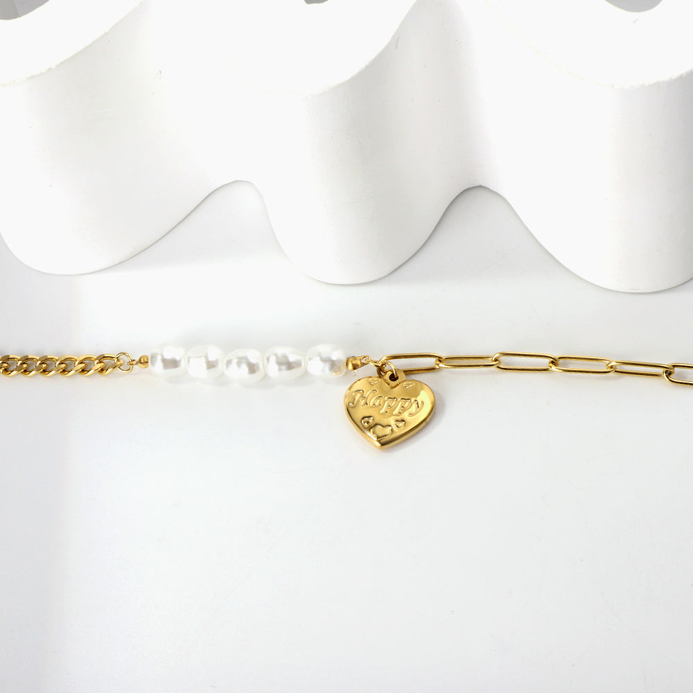 HAPPY heart accessory bracelet with white pearls 17+5cm gold color