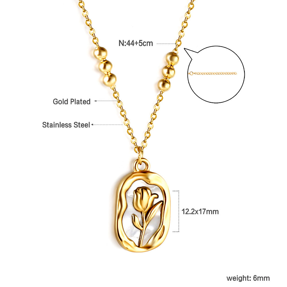 Wholesale Long Oval Rose with White Shell Pendant 3 Bead Chain Necklace 44+5cm Golden