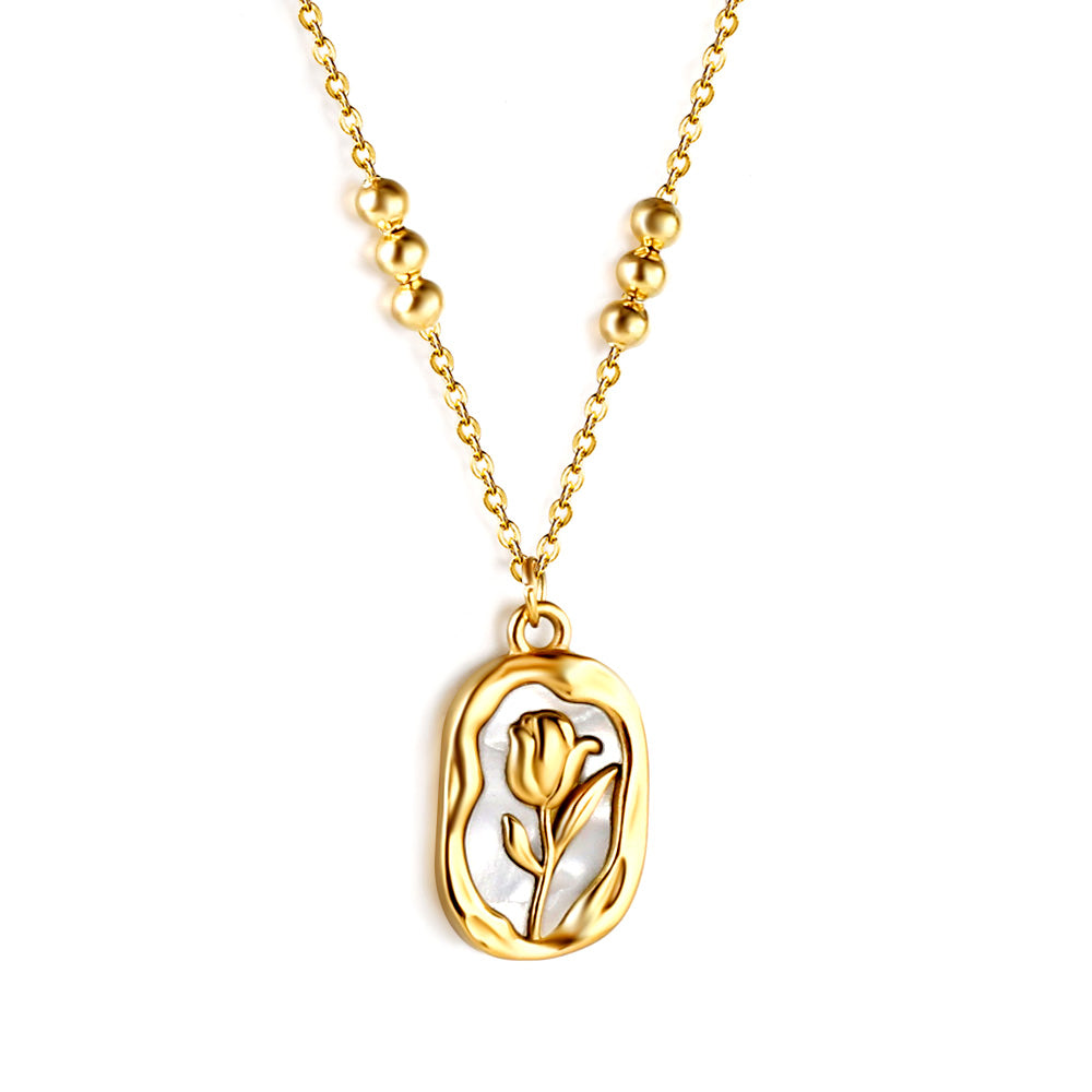 Wholesale Long Oval Rose with White Shell Pendant 3 Bead Chain Necklace 44+5cm Golden