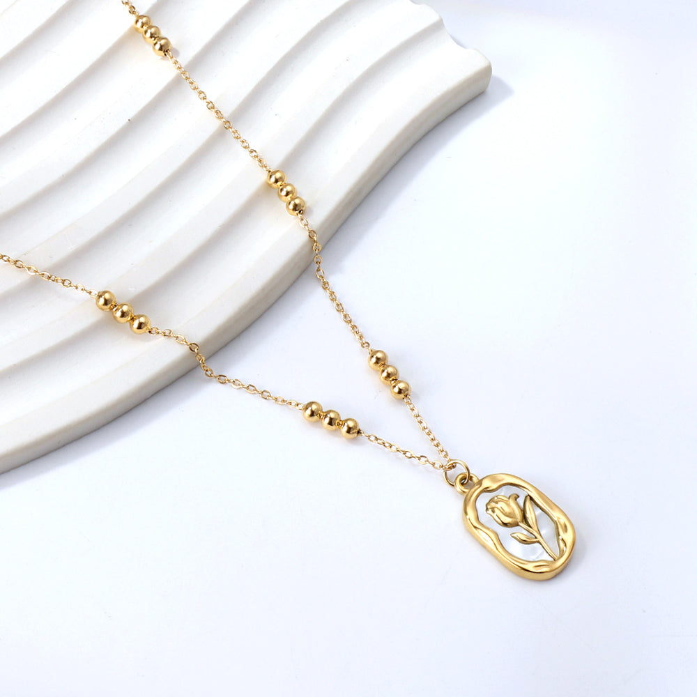 Wholesale Long Oval Rose with White Shell Pendant 3 Bead Chain Necklace 44+5cm Golden