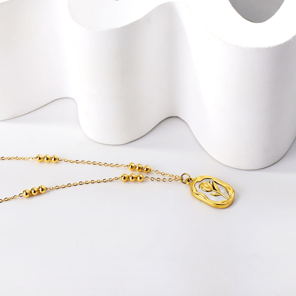 Wholesale Long Oval Rose with White Shell Pendant 3 Bead Chain Necklace 44+5cm Golden