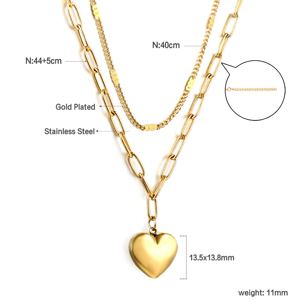 Heart Pendant + Matching Chain Double Chain 44+40+5cm Golden
