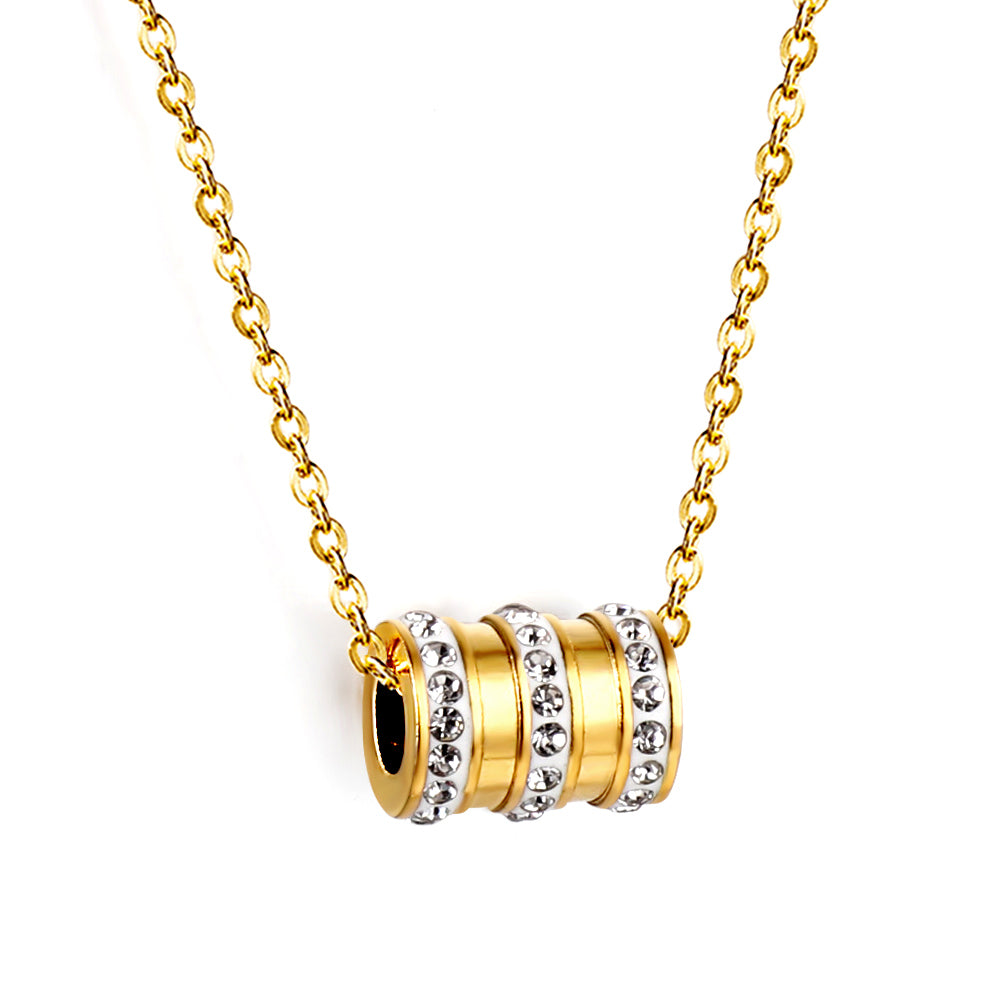 Cylinder Triple Circle White Clay Diamond Pendant Necklace 40+5cm Gold Color