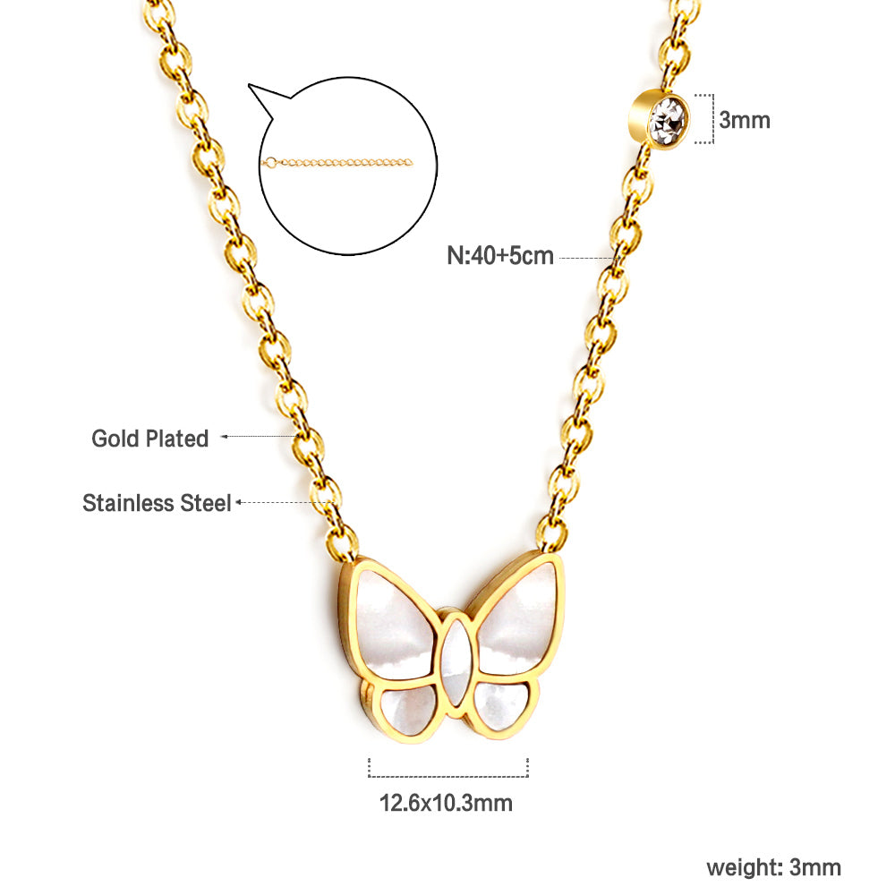 Butterfly White Shell Pendant + White Diamond Necklace 40+5cm