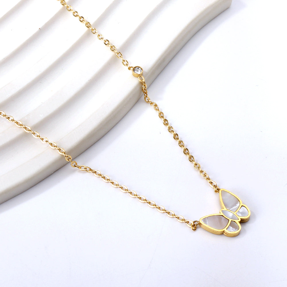 Butterfly White Shell Pendant + White Diamond Necklace 40+5cm