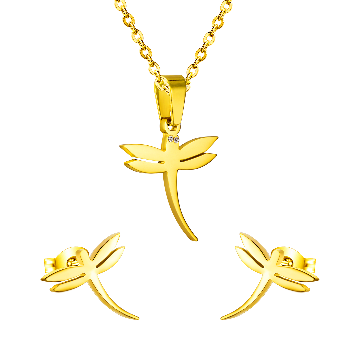 Gold/steel dragonfly shaped tail with curved cut jewelry set without diamonds
