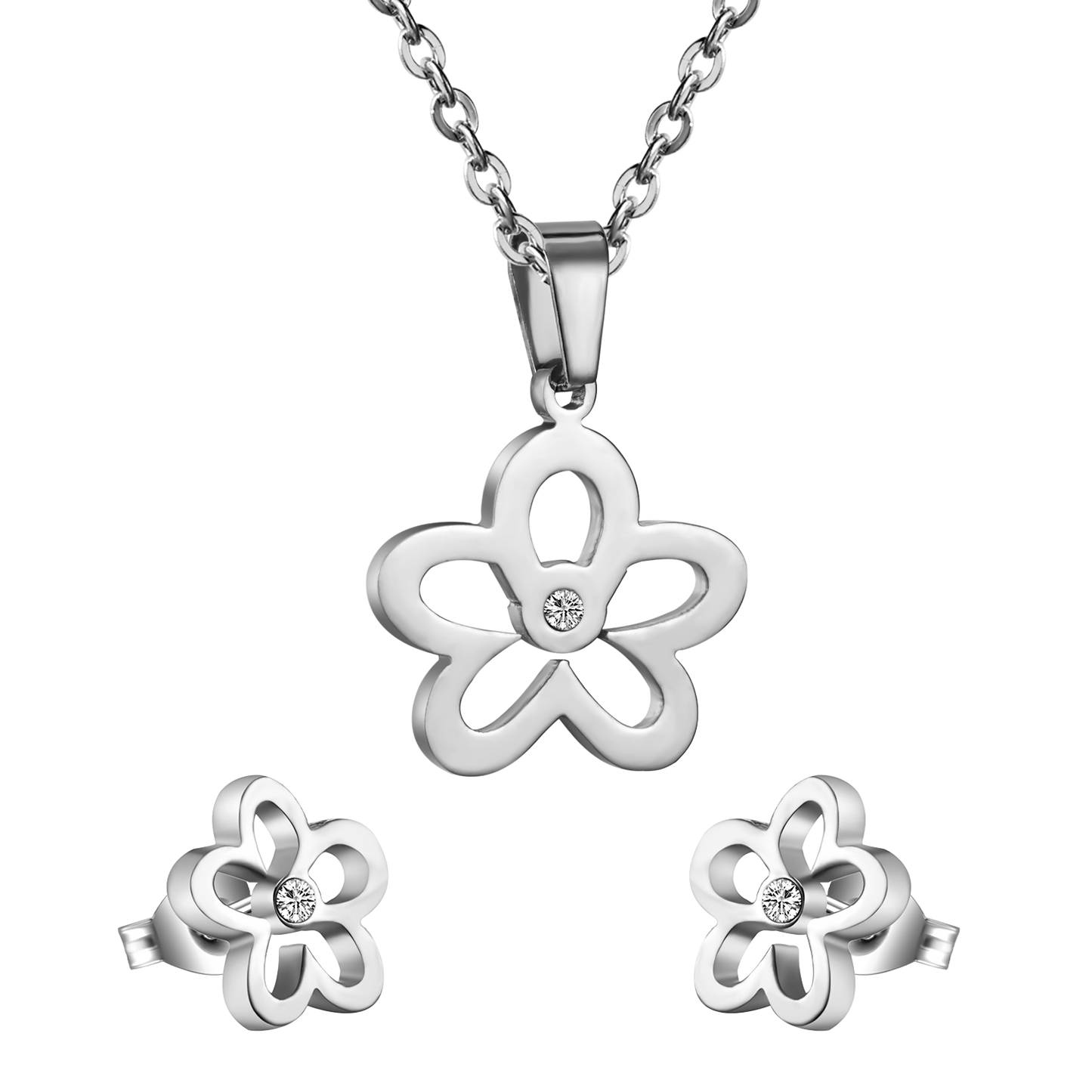 Gold/steel faceted cut jewelry set with diamonds in the center of a wispy flower