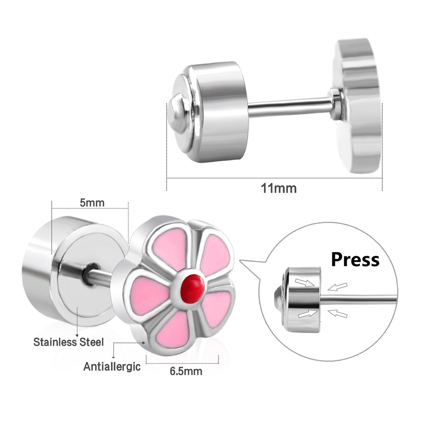 12 pairs 6.5mm Steel Flower Pink Clapper Plug Earrings