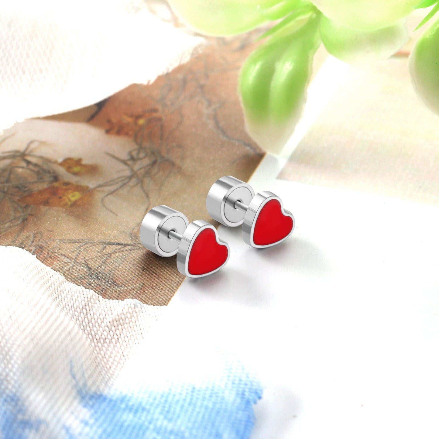12 pairs Steel Heart Red Clip-On Earrings