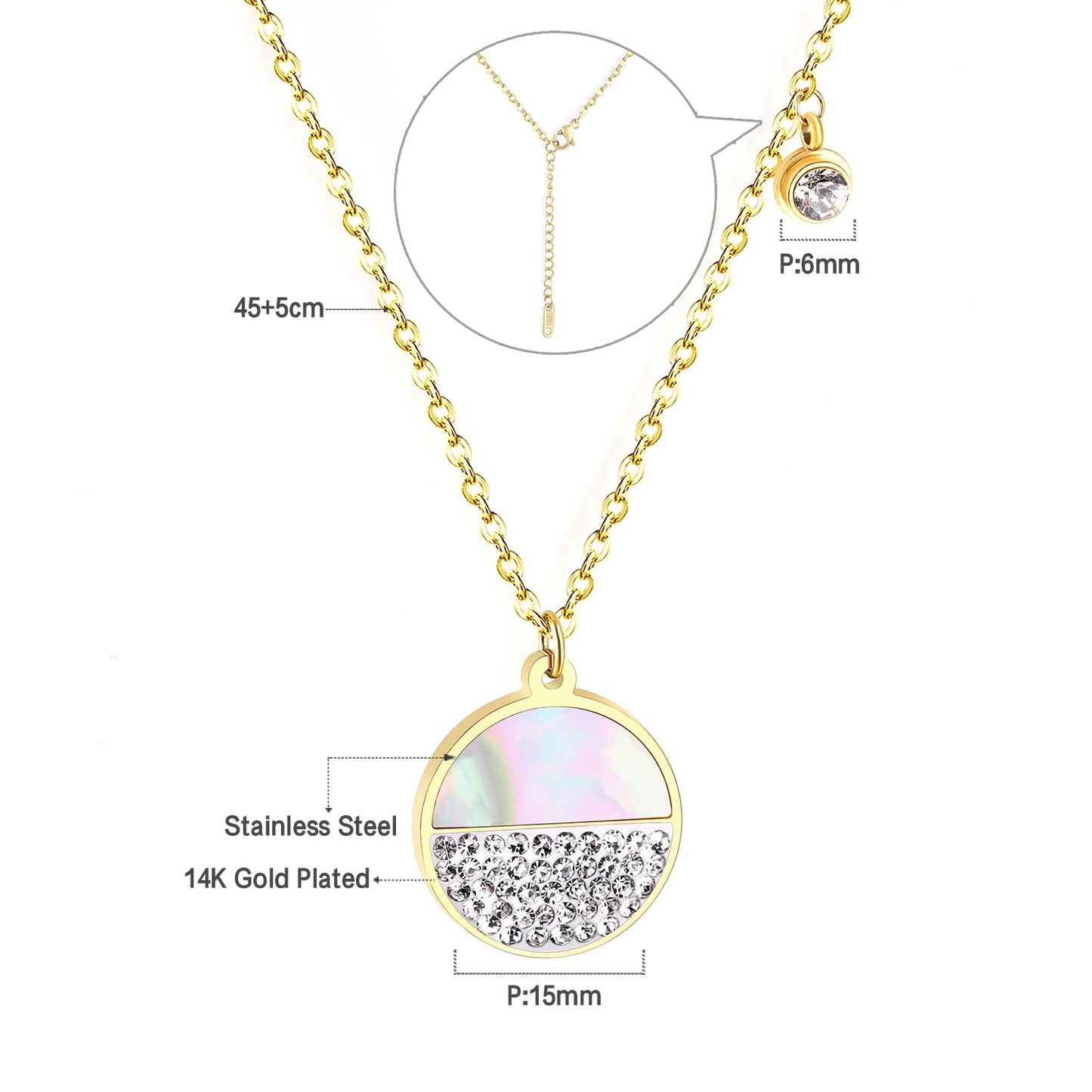 Gold color pendant necklace with diamonds 14K 45+5cm