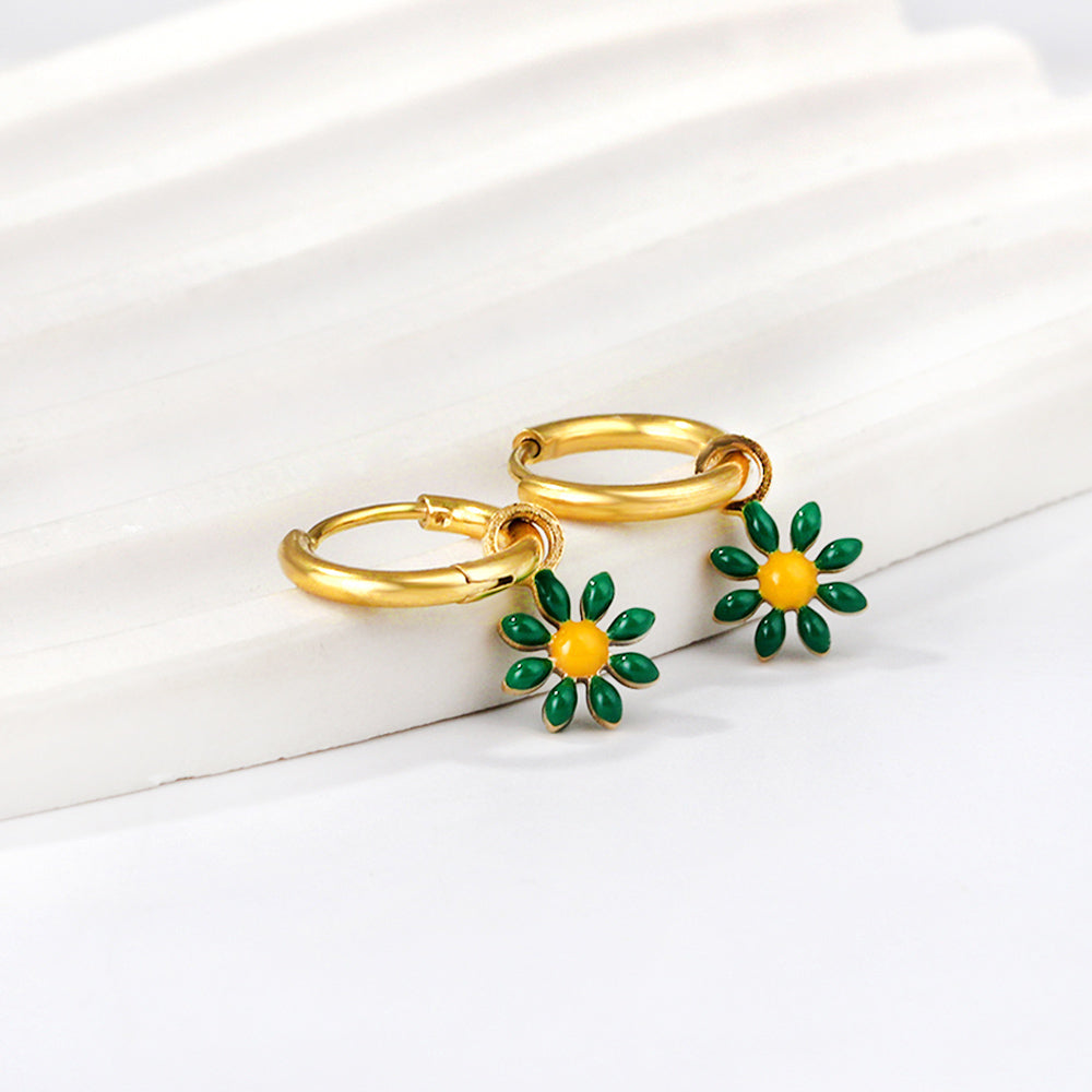 1.6x Inside Diameter 8mm Circle with 7.2mm Black & Green & Yellow & Red & Blue Daisy Earrings