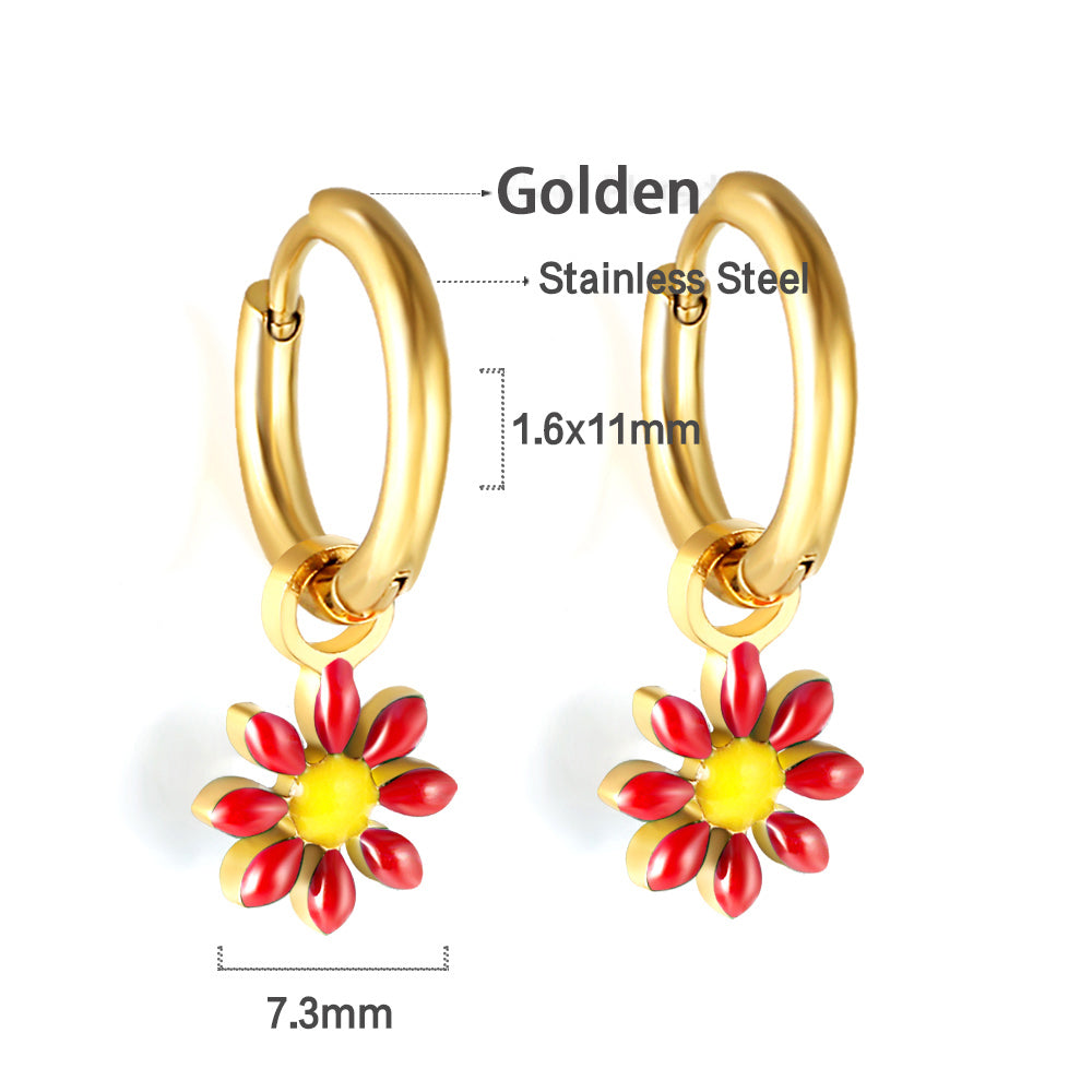 1.6x Inside Diameter 8mm Circle with 7.2mm Black & Green & Yellow & Red & Blue Daisy Earrings