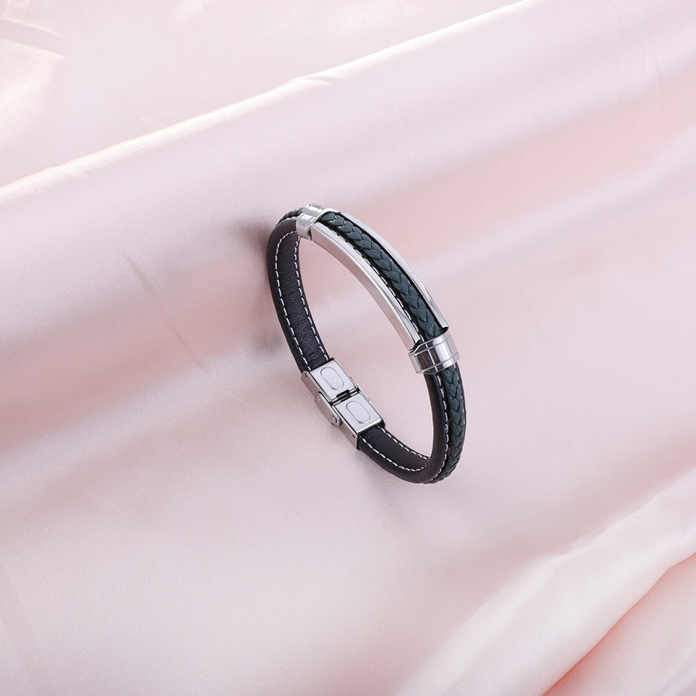 Black & Brown & Green & Blue Leather Soft Bracelet Steel Color