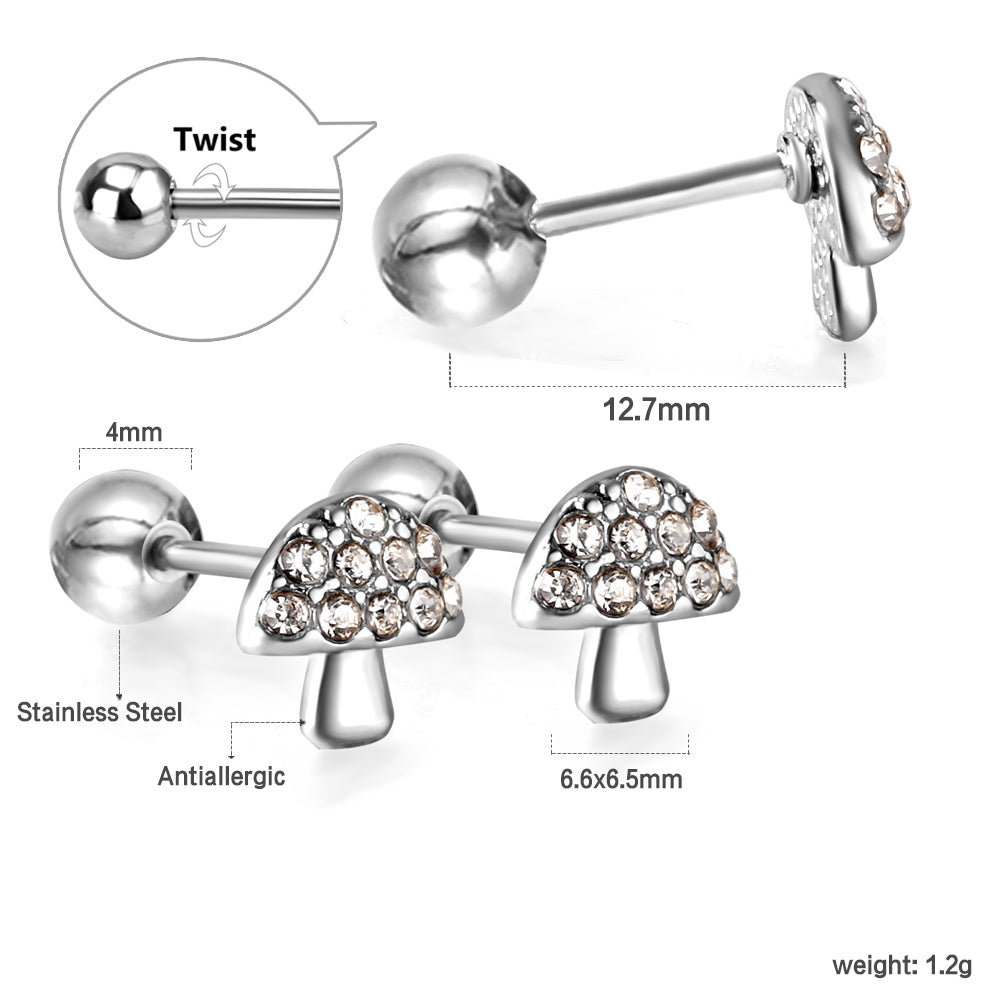 Gold coloured steel ball screw-in mushroom stud earrings with white diamonds