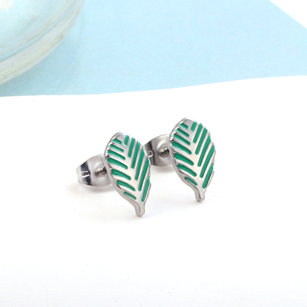 Girls Kids Jewelry Stainless Steel 18K Gold Plated Leaf Green Cut Stud Earrings