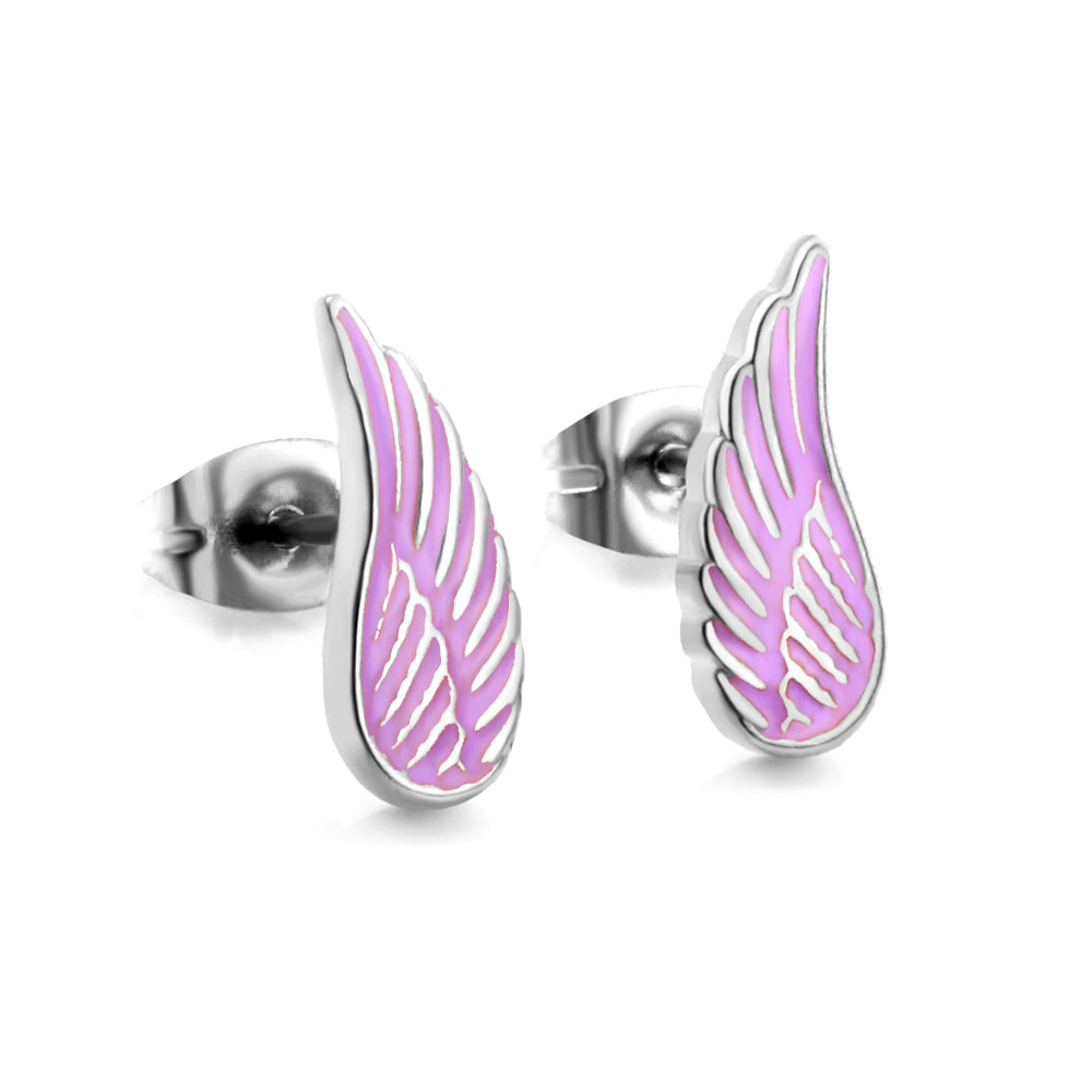 Girls Kids Jewelry Stainless Steel Angel Wings Purple Cut Stud Earrings