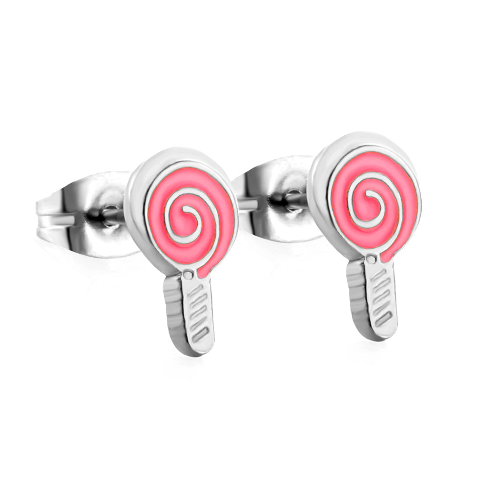 Enamel Girls Kids Jewelry Stainless Steel Lollipop Rose Red Cut Stud Earrings