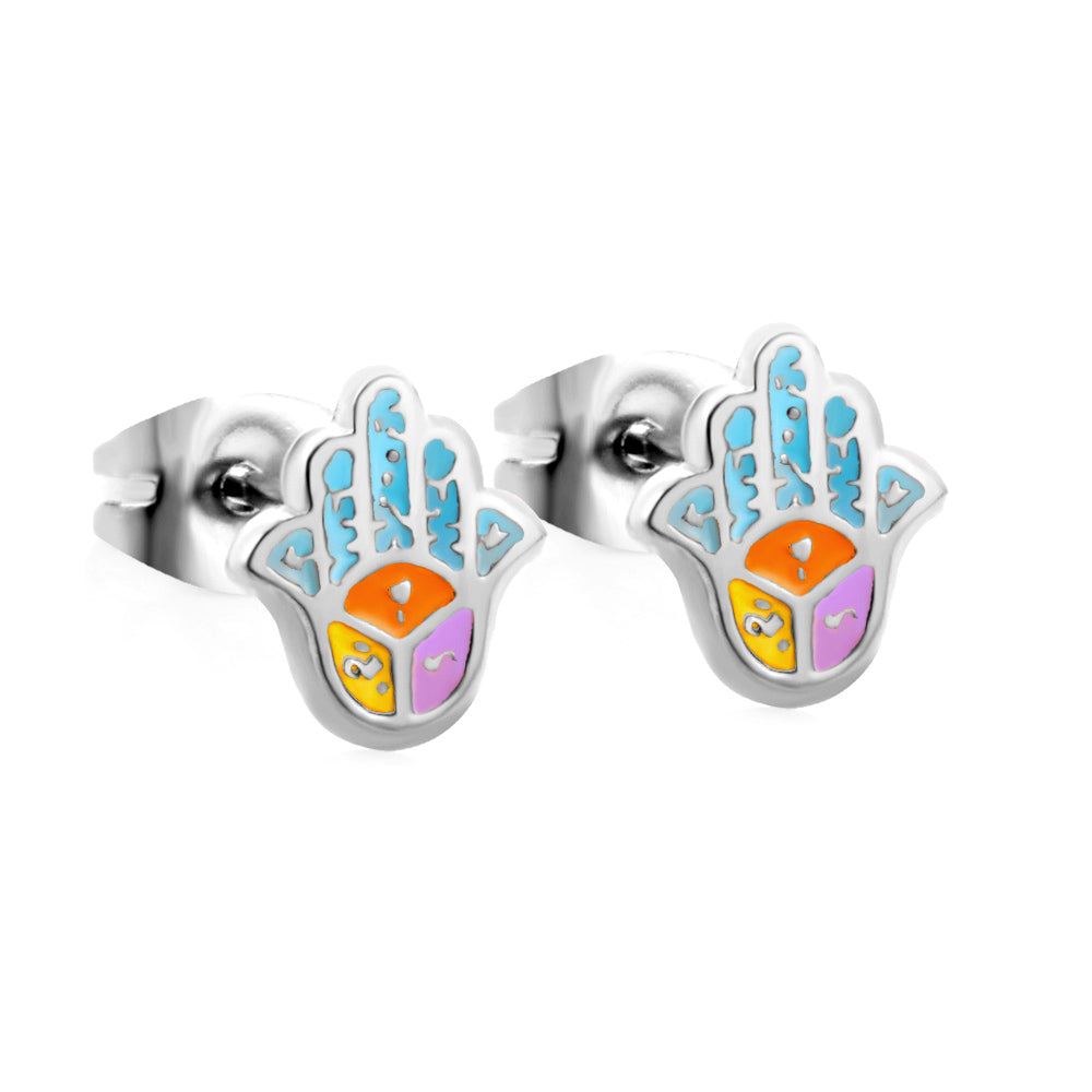 Enamel Girls Kids Jewelry Stainless Steel Palm Mixed Color Cut Stud Earrings
