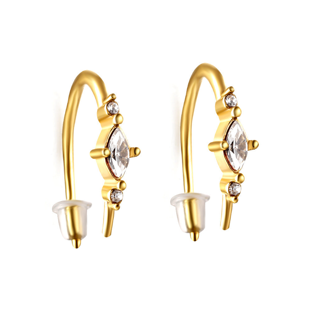 Gold coloured U-shaped stud earrings with white diamonds