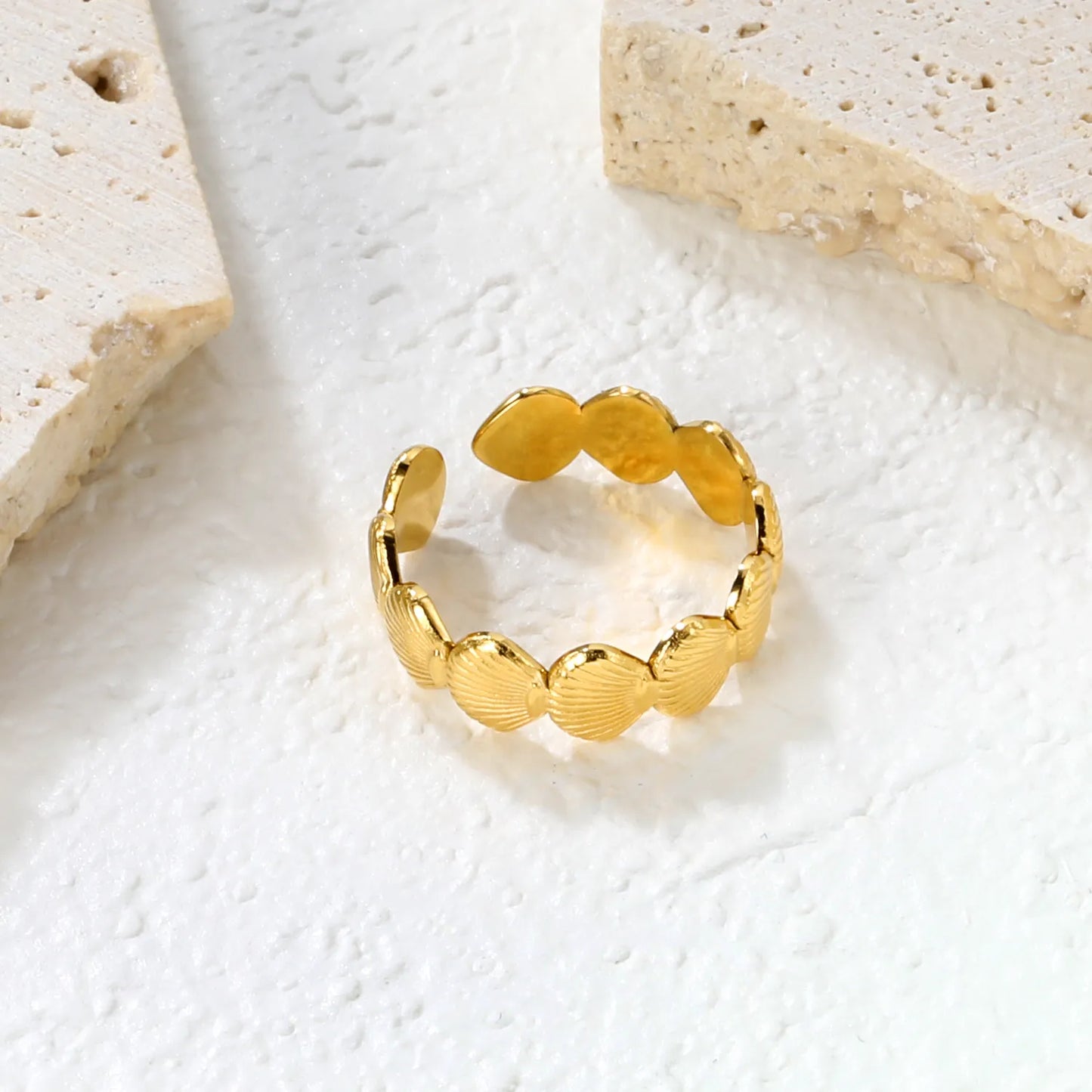 ✨6.3mm Seashell Adjustable Open Ring Gold Stainless Steel Stackable Ring | Hypoallergenic Jewelry | Bulk Wholesale