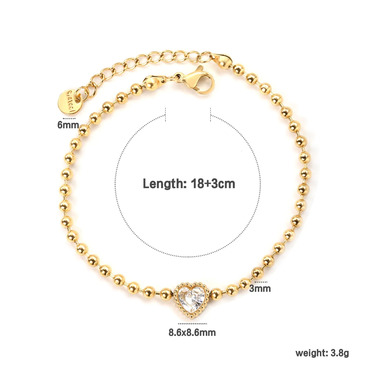 ✨8.6x8.6mm Tricolor Zirconia Bead Bracelet White/Lilac/Garnet Stones | 3mm Gold Stainless Steel Chain 18+3cm | Bulk Wholesale