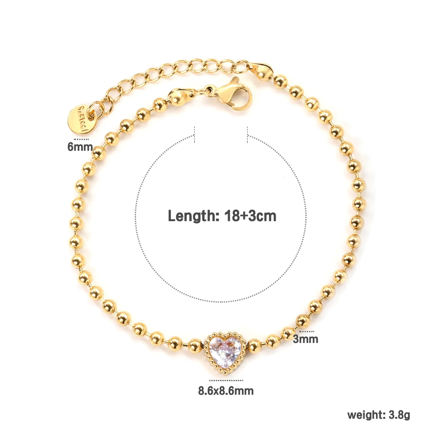 ✨8.6x8.6mm Tricolor Zirconia Bead Bracelet White/Lilac/Garnet Stones | 3mm Gold Stainless Steel Chain 18+3cm | Bulk Wholesale