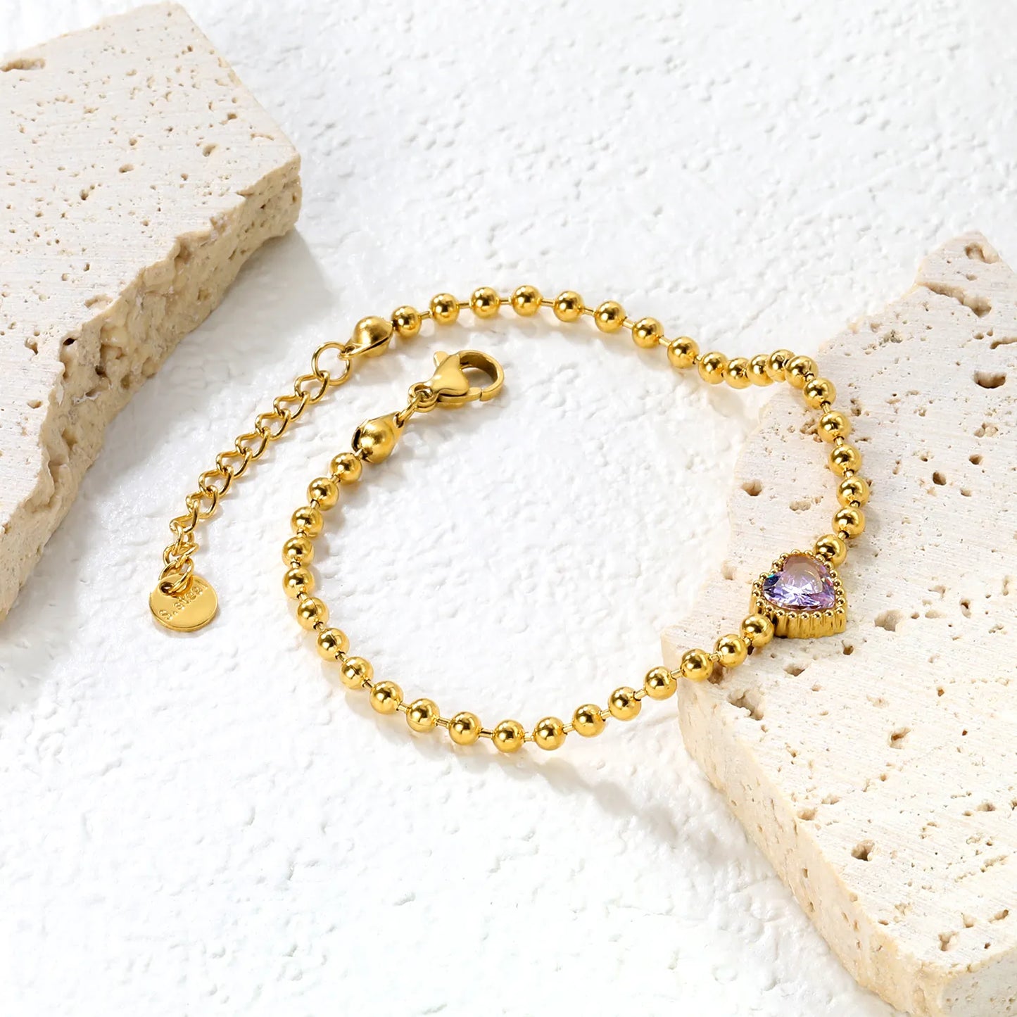 ✨8.6x8.6mm Tricolor Zirconia Bead Bracelet White/Lilac/Garnet Stones | 3mm Gold Stainless Steel Chain 18+3cm | Bulk Wholesale