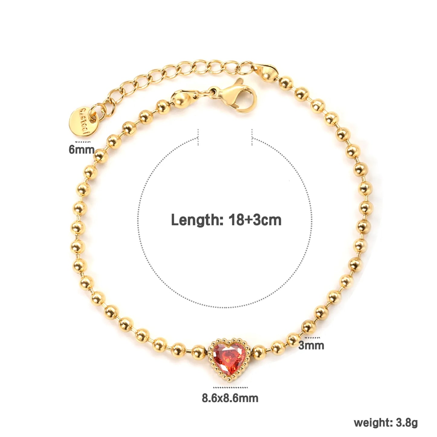 ✨8.6x8.6mm Tricolor Zirconia Bead Bracelet White/Lilac/Garnet Stones | 3mm Gold Stainless Steel Chain 18+3cm | Bulk Wholesale